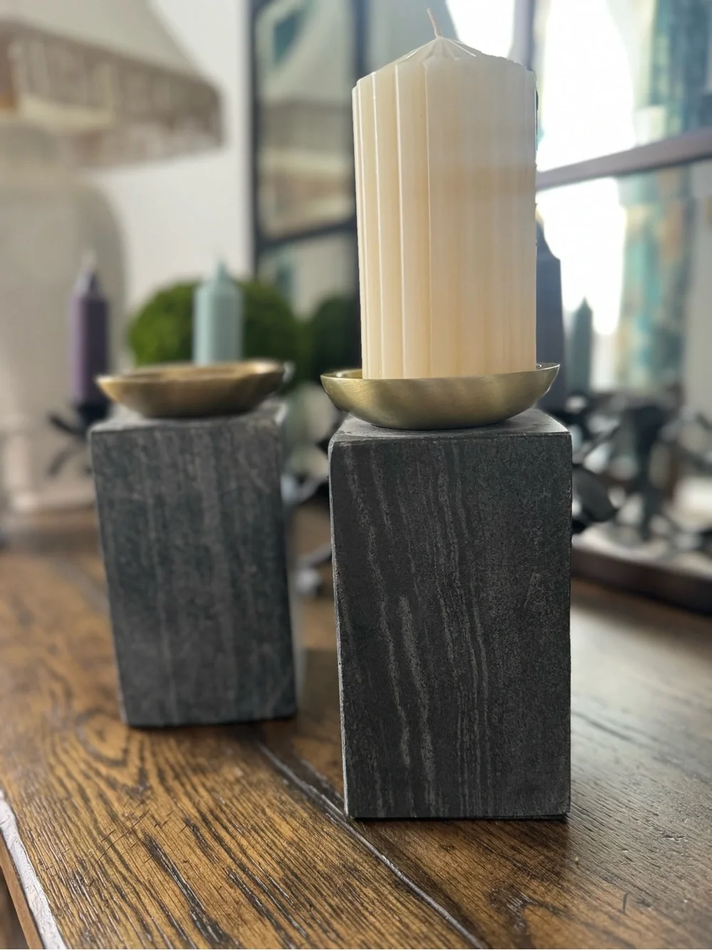 Crate &Barrel ~ 1/ Sain Marble Pillar Candle Holder 7”